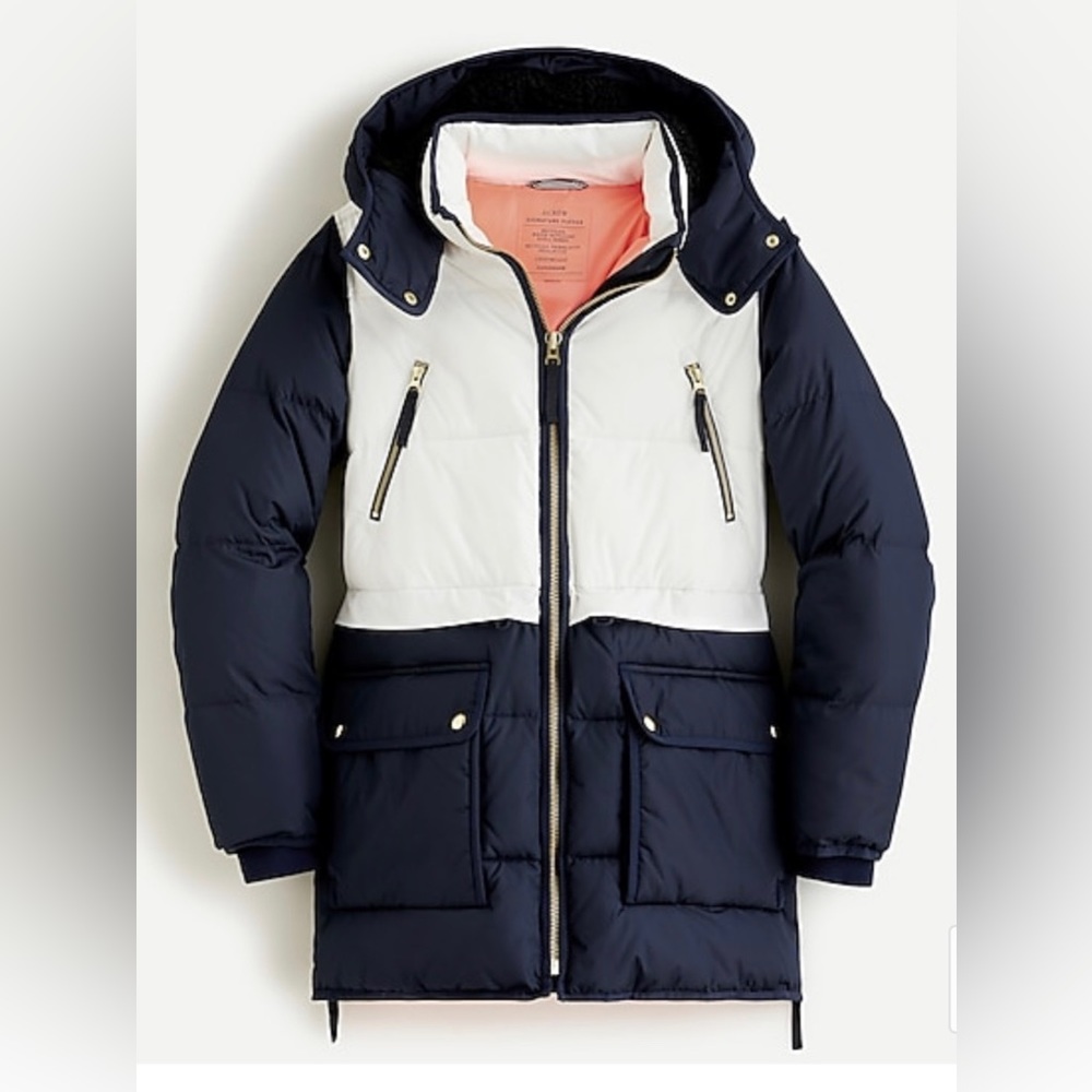 J. Crew Signature Primaloft Puffer Coat in Navy / White Colorblock